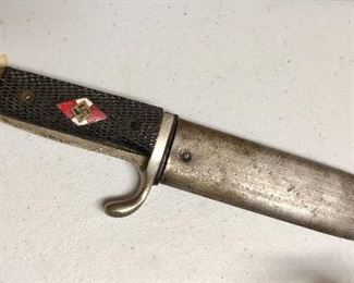 Hitler Natzi youth knife, missing emblem and back side if the handle. Blade is inscribed. 