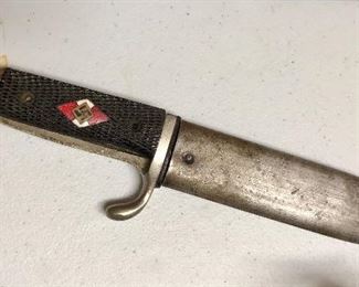 Hitler Natzi youth knife, missing emblem and back side if the handle. Blade is inscribed.