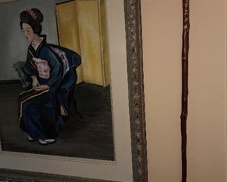 Mid Century Original oil on canvas portrait of Japanese Lady and Japanese ridding stick. 