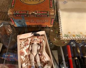 R G Dun 5 cent cigar box, antique bisque doll