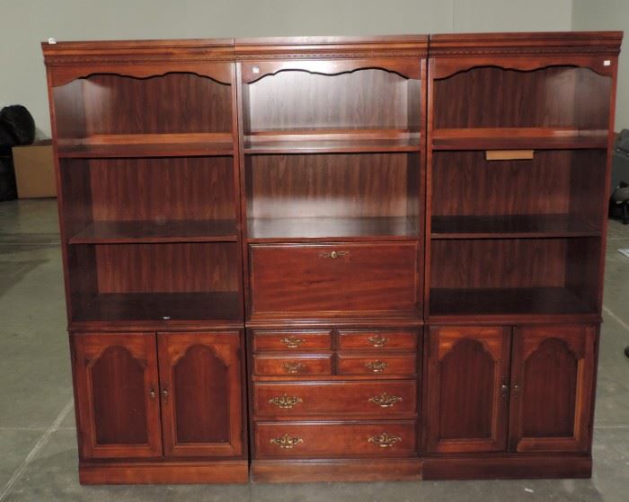 3 PART OFFICE MAHOGANY SHELVING AND DESK