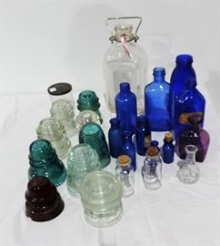 LOT OF ANTIQUE INSULATORS AND BOTTLES