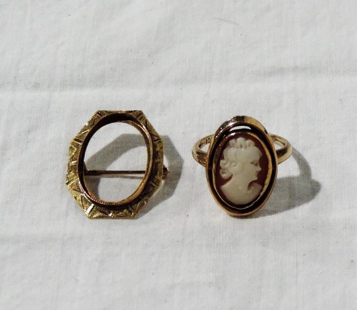 10 K GOLD CAMEO RING AND PIN FRAME