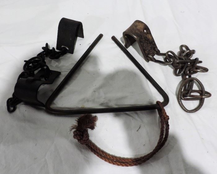 TRIANGLE DINNER BELL AND IRON POT HOOKS