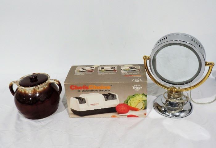 USA POTTERY BEAN POT, KNIFE SHARPENER AND VANITY MIRROR