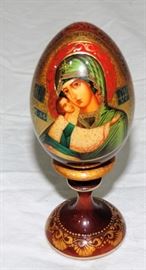 HAND PAINTED WOOD EGG ON STAND