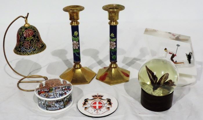 CLOISONNE BRASS CANDLESTICKS, HARROD LONDON BOX LOT