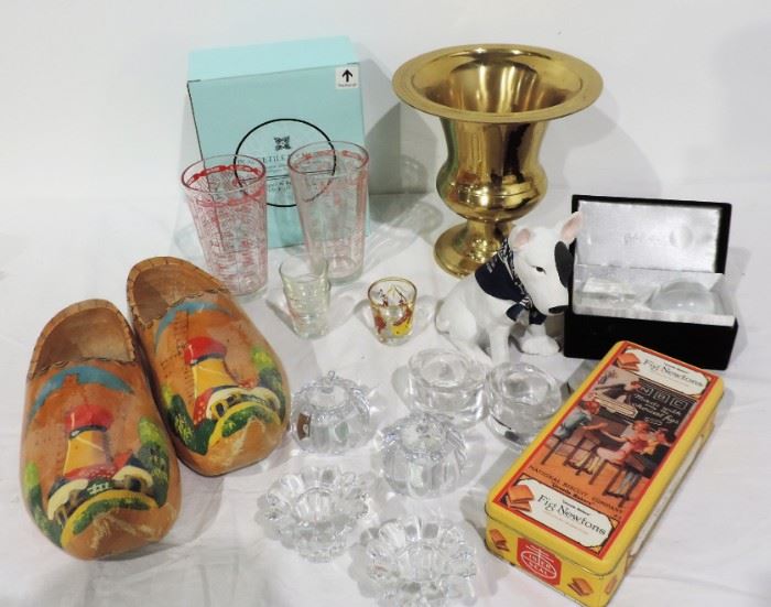 MISC. DUTCH SHOES BRASS URN AND BAR GLASS LOT