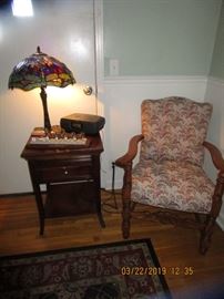 Beautiful Tiffany Light... Small End table with drawer, pull...Area Rug's, Antique Odd Chairs, etc.