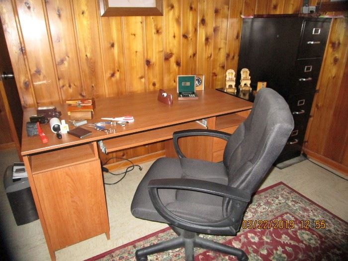 Home Office Desk, Chairs, File Cabinets,Area Rugs. Office Supplies, Glassware, etc.
