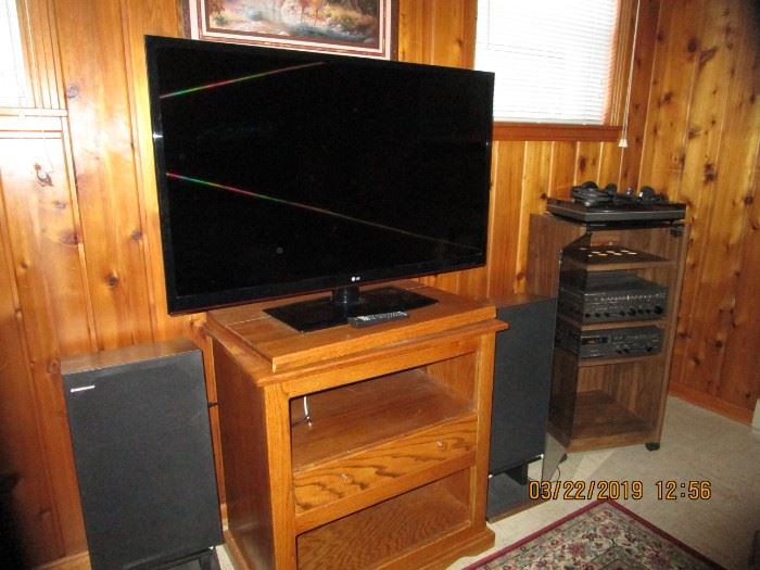 Flat Screen TV, speakers.. Oak Cabinet... Stereo Equipment All For Sale..