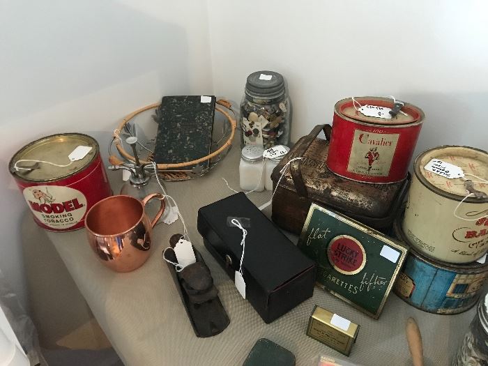 Random awesome primitive tins and various assortment of items