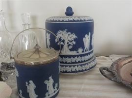 Wedgwood biscuit barrel and cake dome
