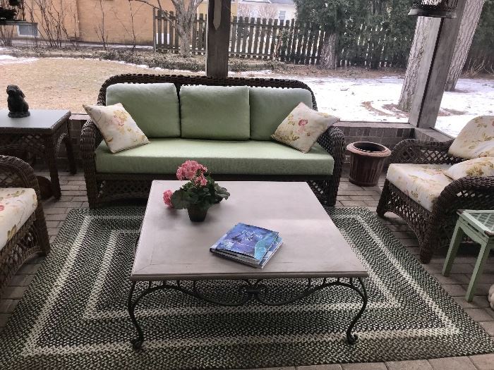 Stupendous Out door furniture-just in time! Wicker couch, Square Coffee Table, Wicker Chairs, Outdoor Rug, etc.
