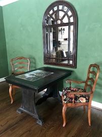 Attractive Spanish style Table/Desk and pair of Country French Chairs. Window mirror