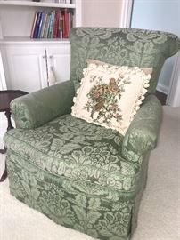 1 of 2 matching arm chairs and matching needlepoint pillows
