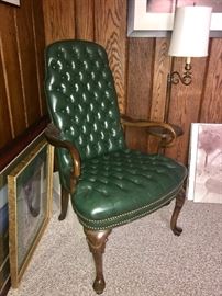 Wonderful tufted, green leather and brass hob nail trim arm chair-Queen Anne