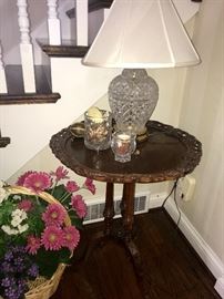 Antique Carved side table, crystal lamp