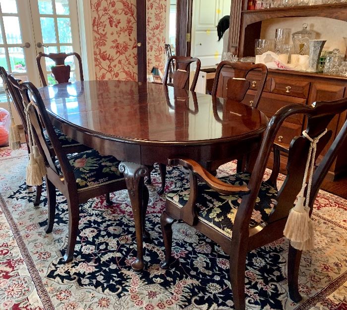 Dramatic and impressive Queen Anne dining room suite - 6 chairs, 2 leaves and pads. RUG NOT FOR SALE