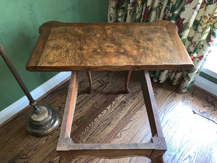 Card table with folding and swivel top to create a half table