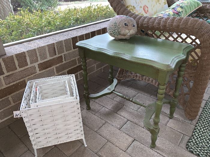 Vintage, Green table; white wicker plant holders
