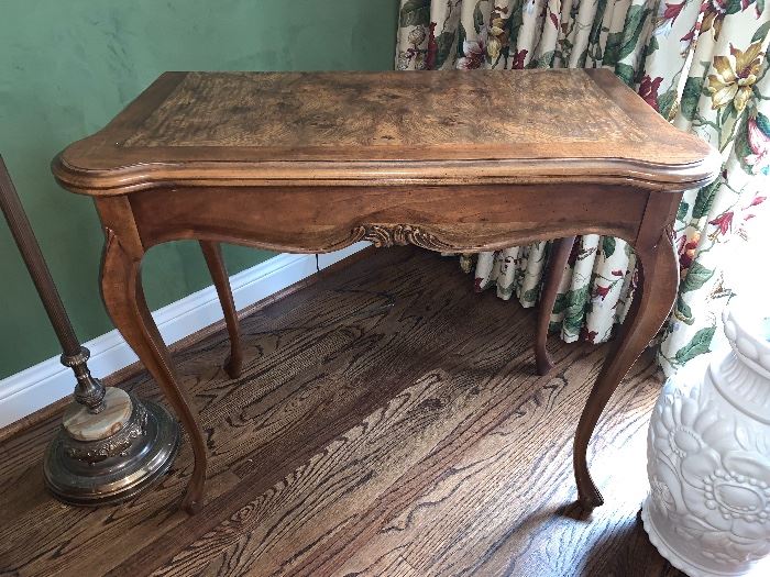 Card table with folding and swivel top to create a half table