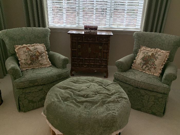 Pair of comfy chairs and ottoman