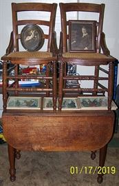 Walnut drop leaf table, 2 cane bottom chairs, Godey pictures
