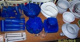 Set of blue plastic dinnerware, enamelware