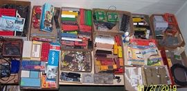 Model train items including engines and box cars