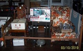 Maple bed and frame, flowered chair, other misc.