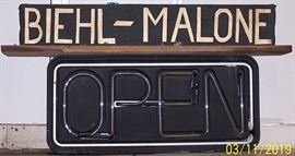 Neon OPEN sign (works), old Biehl-Malone sign