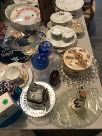Covered Royal Doulton dish,Tea cups Vintage Glassware, Witch Balls, Vintage Blue Limoge DIshes 