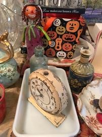 Vintage old bottles, old clocks, halloween items , 