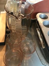 Pink Depression Glass Pitcher and glasses