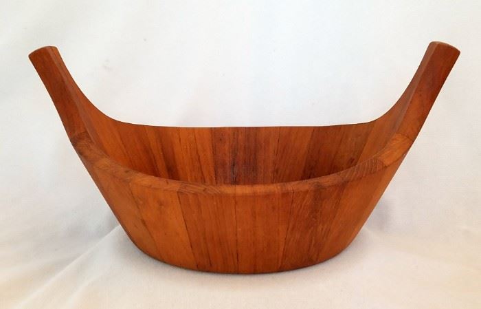 Mid century Dansk (Denmark) "Viking Ship" staved teak wooden bowl by famous designer Jens Quistgaard. 15" long, 11" wide, and 7" tall.