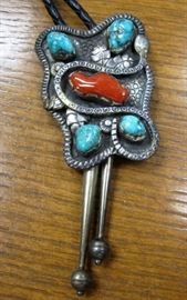 Navajo snake motif turquoise, coral, & silver bolo tie