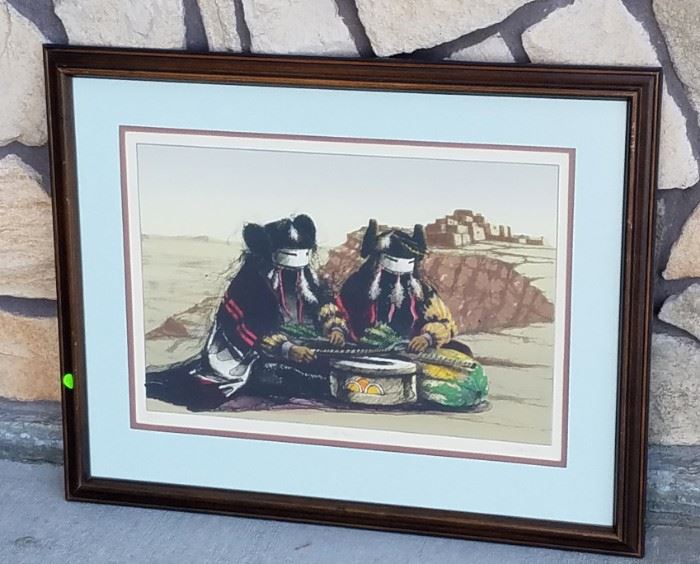 Signed limited edition lithograph #14/100, entitled "Niman Kachinas-Alo Manas" by listed New Mexico artist Larry Fodor (born 1951). 15" x 22" in a 23" x 29 1/2" frame.