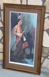Limited Edition Print #3/1000 of an Indian standing with a rifle, entitled "Sacred Times", by Arizona artist Fred Fellows (born 1934). 33 1/2" x 18" in a 40 1/2" x 25" frame. Circa 1970s.