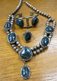 Navajo chrysocolla or turquoise & silvernecklace, bracelet, and ring set