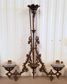 Rare 36" Victorian Hanging Double Oil Lamp Fixture. Pull down iron ceiling fixture with two oil lamp fonts. 36" tall & 30" wide
