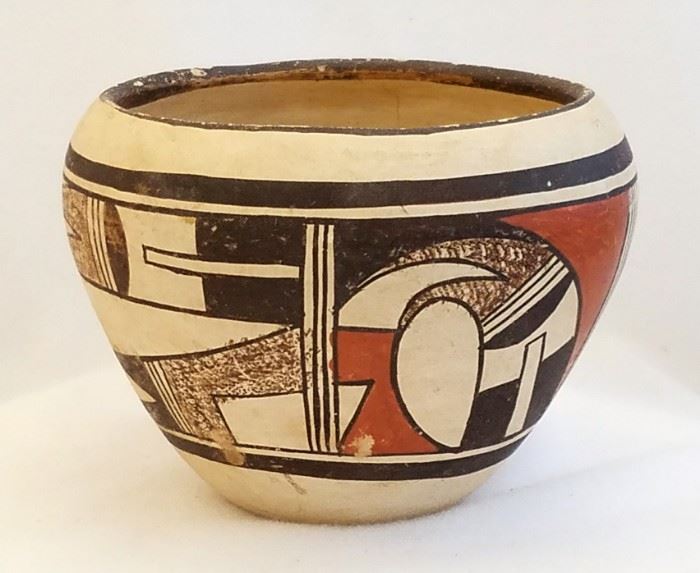 Important Hopi jar by the first Frog Woman, Paqua Naha (1890-1955). She taught her daughter, Joy Navasie, to make pottery and she is now the current and second Frog Woman. 5 1/4" diameter and 4" tall.
