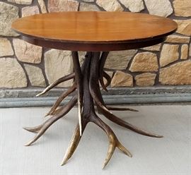 Vintage 40" elk antler base table from the historic Leeks Lodge, Jackson, Wyoming