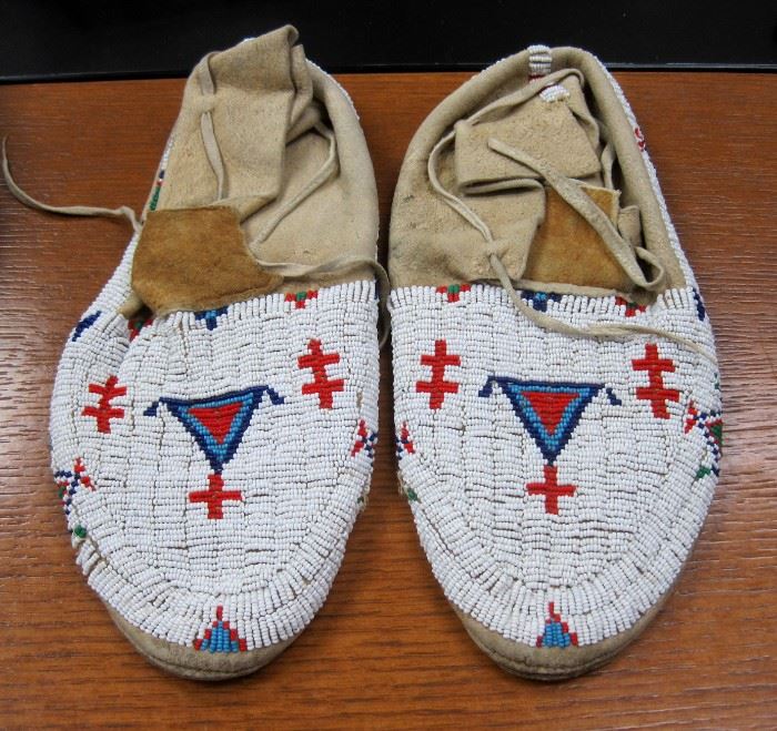 Antique Cheyenne or Shoshone Indian sinew beaded moccasins