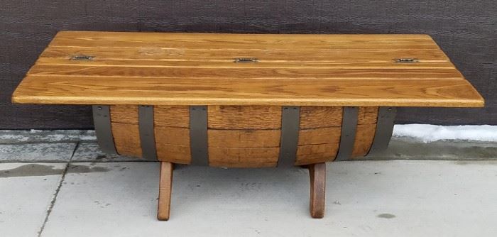 Tavern style mid century staved barrel base coffee table