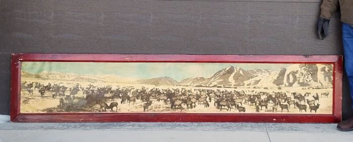 22" x 106" panoramic photograph of the elk herd in Jackson, Wyoming by Stephen N. Leek, signed by the photographer. Probably one of a kind. Hung for many years in the historic Leek's Lodge, Jackson, Wyoming. Written family provenance included. CONDITION NOTE: Photo was framed without glass, and appears to be overcoated with some sort of thin varnish. Fair condition, with some surface wear and fading. 