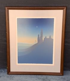 Beautiful Southwestern desert scene serigraph #37/100, signed by the artist, but I cannot make out the signature. Appears to be Roderick ____. 24" x 19" in a 35" x 29" frame.
