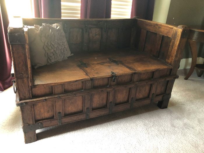 This is an ancient MONK BENCH made of wood from an archaic Spanish cathedral. An exquisite piece to add to your collection of really cool neo-inquisition artifacts