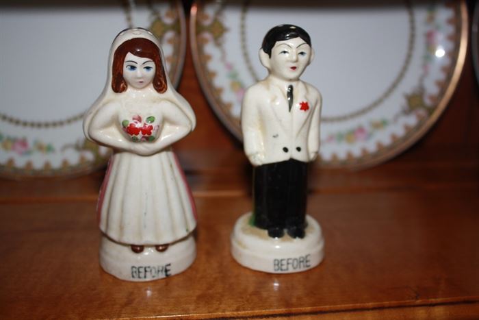 The front of this really cute bride and groom set reads "before" on both the bride and the groom.