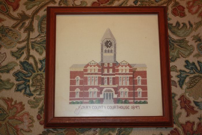 Hand cross stitch of the Henry County Court House.  I'm guessing the pattern is from before 1980.